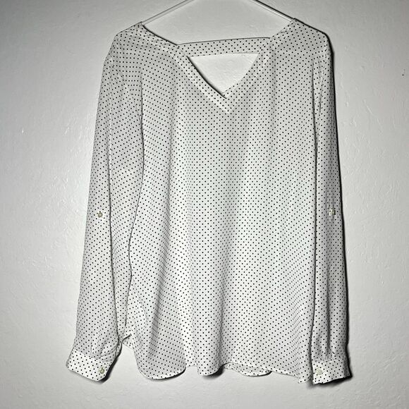 Ann Taylor LOFT Blouse Size Large White Polka Dot Roll Tab Sleeve V Neck NWT - Picture 9 of 12
